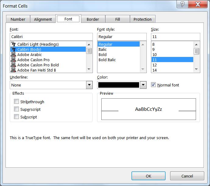 Font Format Cells Window - Font sets the font, the shape of the letters of the selected cell(s) or text. - Font Style offers four options. Regular, Italic, Bold, Bold Italic.