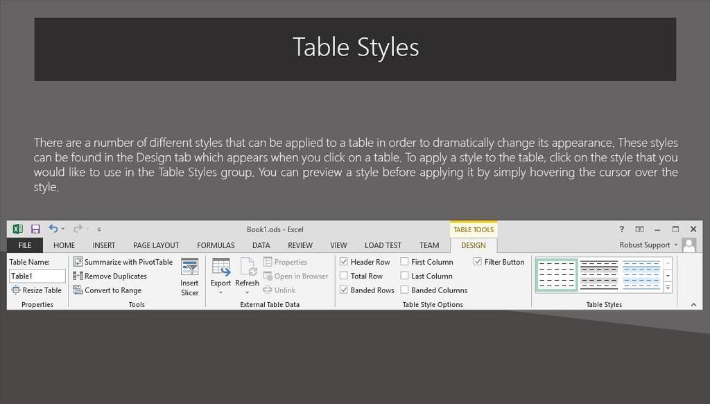 Slide 19 - Table Styles Table Styles There are a number of different styles that can be applied to a table in order to dramatically change its appearance.