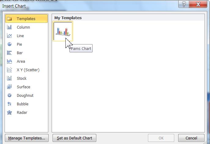 4. Select Templates in the left column. In the right column, My Templates displays with icons for each one of the Chart templates that you created.