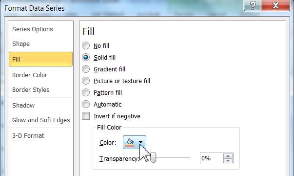 Try this: In class, right click on one of the selected columns for the Salaries series. Select Format Data Series. In the dialog box, select Fill > Solid fill.