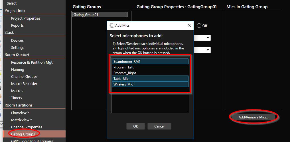 19. Go to Gating Groups. To add mics to your gating group click Add/Remove Mics. In the pop-up window, select our three mic inputs. Use Control-Click to select multiple mics.