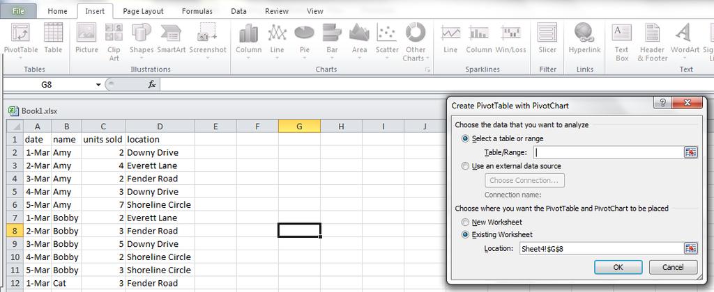 Click on the PivotTable icon.