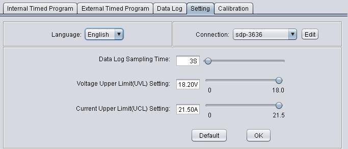 7.7 Set Upper Limited of Voltage and Current Select Setting tab to configure Voltage Upper Limit (UVL) and Current Upper Limit (UCL).