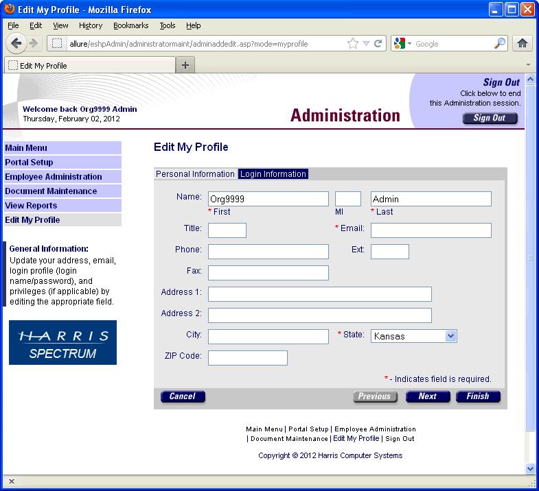 Edit a profile The Edit My Profile window lets you view and edit your personal and login information. 1. Select the Edit My Profile menu option. The window opens to the Personal Information section.