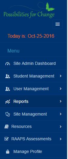 As Site Administrator, you will have the following menu options (see picture on left). Using these options, you will have the ability to add new organizational users and students to your database.