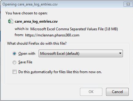 from the drop down menu. 2. In the Export Log Entries, select your care area. 3. Click on the Excel icon below Actions.