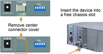 Center rack mounting The media converter can also be installed in KC-1300 center chassis. The center chassis provides the power supply to the converter also with optional power redundancy.