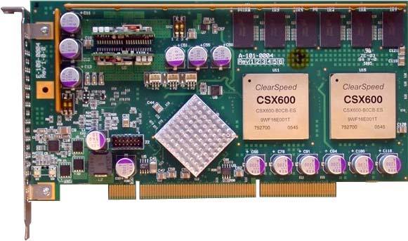 Acceleration by plug-in card Advance X620 (PCI-X) 203 mm length, full-height Advance e620 PCIe (x8) Dual ClearSpeed CSX600 coprocessors R > 66 GFLOPS for 64-bit matrix multiply (DGEMM) calls Hardware