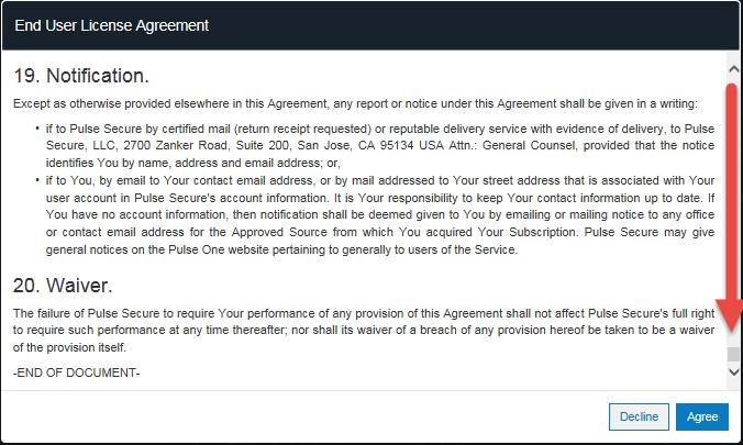 Figure 3: End User License Agreement If you are a new user logging into Pulse One for the first time, then in the EULA page use the scroll bar to read through the terms of the