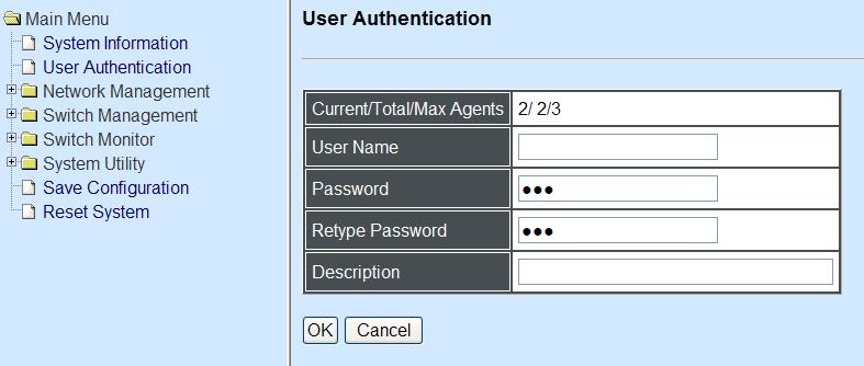 To view or change current registered users, select User Authentication from the Main Menu and then the following screen page shows up.