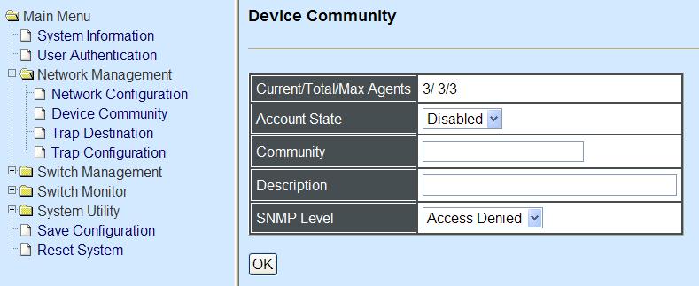 Current/Total/Max Agents: View-only field. Current: This shows the number of currently registered communities. Total: This shows the number of total registered community users.