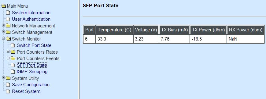 3.5.4 SFP Port State SFP Port State displays the information about slide-in SFP transceiver e.g. Temperature, Voltage, TX Bias, etc. Select SFP Port State and then the following screen page appears.