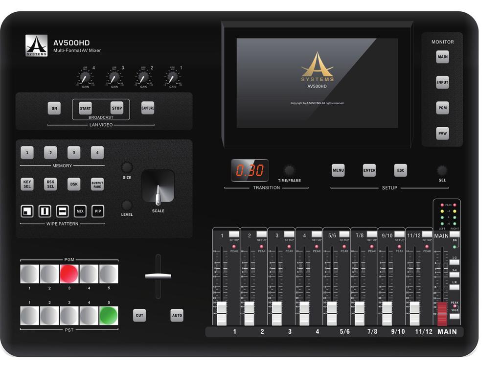 AV500HD 1ME 4 Channel 6 Inputs 4 Outputs Video 4-Mic/Line 4-Stereo Input Compact Mixer with DFX Features Video Switcher: 46 Multi-Format Inputs (4 DP/HDMI and SDI) 43 PGM Outputs (1 DP/HDMI, 1 SDI