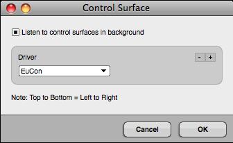 Figure 7-2 Control Surface dialog with EuCon added 4. If EuCon isn t already selected, choose it from the pull-down list. 5. Press OK. Your Artist media controller now controls Digital Performer.