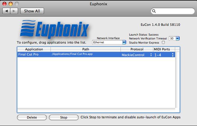 Figure 8-3 Euphonix preference pane with application selected and Mackie Control set 6. Close the Euphonix preference pane and reboot your computer if prompted to do so.