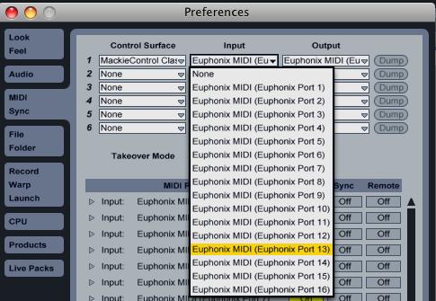 8.2 Ableton Live Before proceeding, you must already have completed the steps described in Setting Up EuCon for Mackie Control on page 33. To finish the configuration: 1. Choose Live->Preferences.