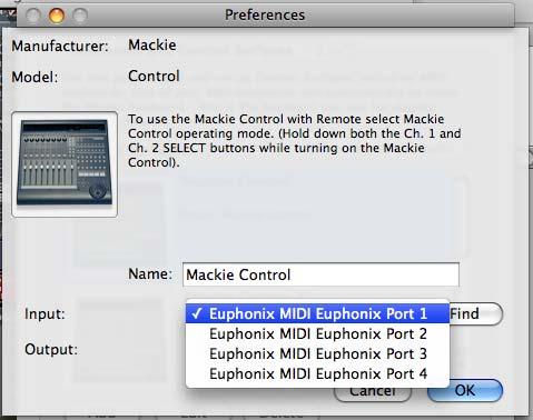 5. Double-click on each Artist media controller instance and select the same Euphonix MIDI ports that