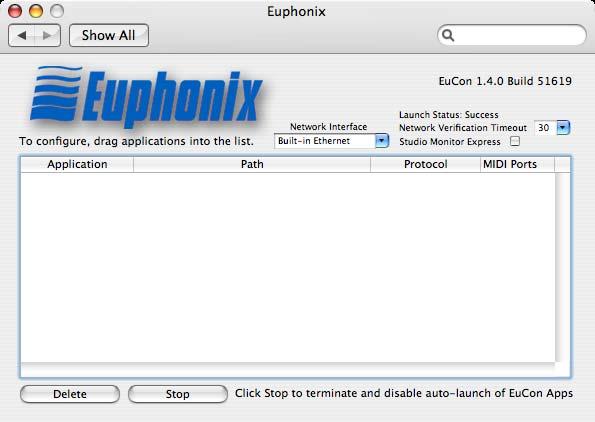 2. Double-click the Euphonix icon in the Other section at the bottom of the window. The Euphonix preference pane opens. Figure 9-2 Euphonix preference pane 3.