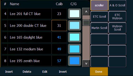 Eos Family v1.9.10 Scroller Calibration Column A calibration column, which shows the current calibration information for each frame, has been added to the scroller editor display.