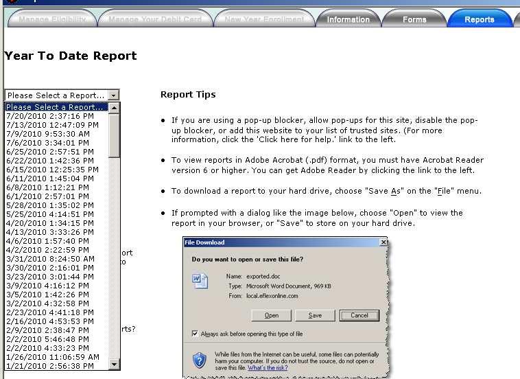 eflexonline Reports Tab (cont.) 1. Year-to-Date Report: Information in this report is an actual snapshot of the date and time indicated in the report selection box.