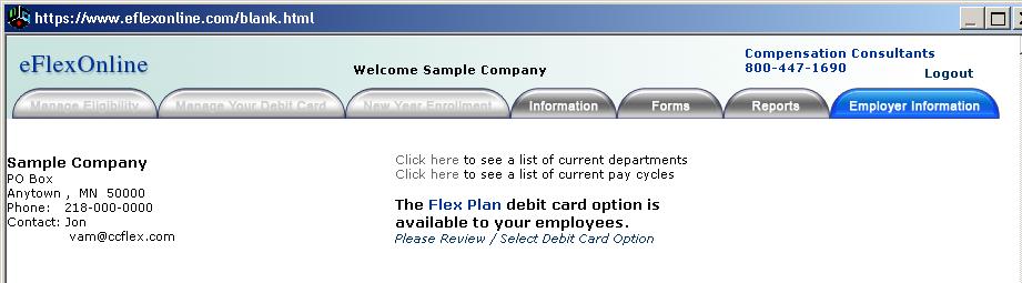 eflexonline Employer Home Page & Menu Options Your company s contact information will appear on the landing page once you are logged into your employer website.