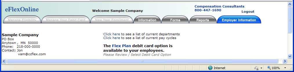 eflexonline Employer Accepts Debit Card Agreement Once the Employer is logged in to the company website: The Flex Plan debit card option available to your employees link is where the company goes to