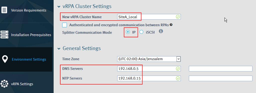 9. Configure the Environment Settings according to the data from "Data preparation." a. Type a name for the new vrpa cluster. For example: Site A_Local. b.