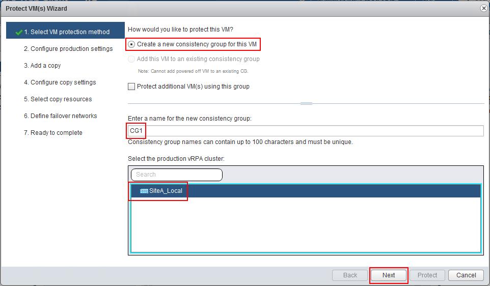 Right-click the VM, and select All RecoverPoint for Virtual Machines Actions > Protect. 5. Select VM protection method. a. Select Create a new consistency group for this VM.