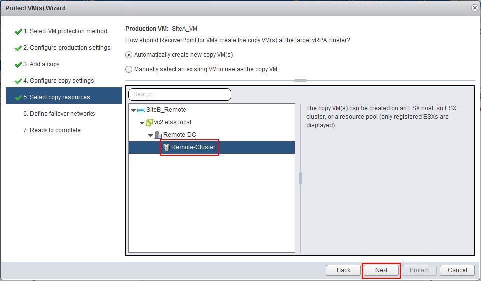In the Select copy resources step, select the ESXi cluster on which to create the