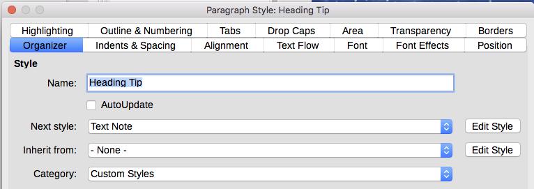 Figure 23: Specifying the Next Style for a Heading Tip style 3) Style the paragraph in the usual way, then go to the Outline & Numbering page (Figure 24).