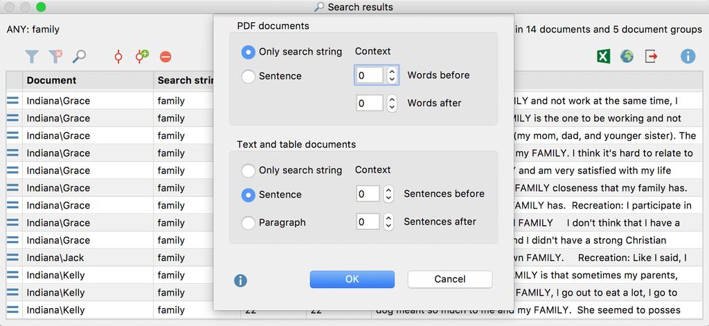 1. Perform a lexical search by keyword. 2. Double click on any search result in the result table to exclude this result (a stop sign symbol indicates which lines are excluded). 3.