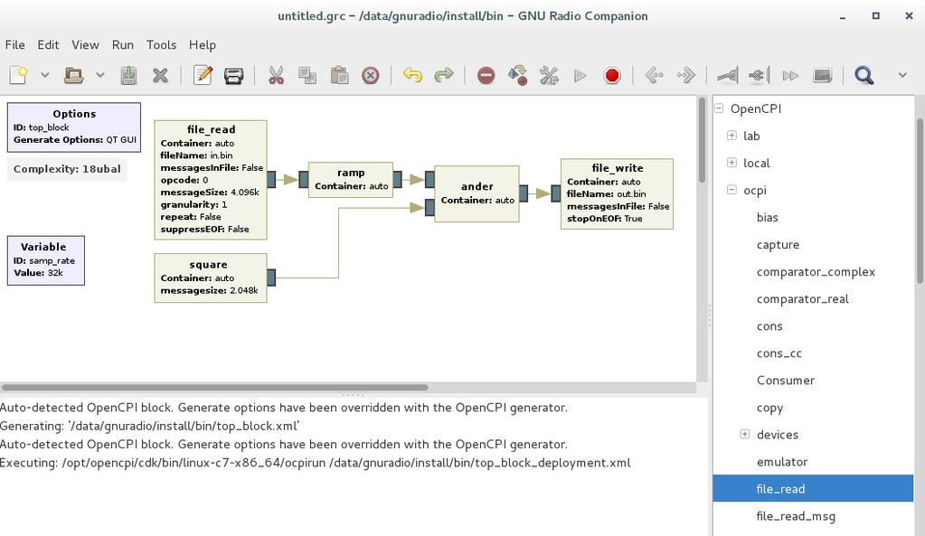 OpenCPI and GRC Running a Flowgraph GRC GRC will will autodetect autodetect OpenCPI OpenCPI blocks blocks and and use use the appropriate generate the appropriate generate