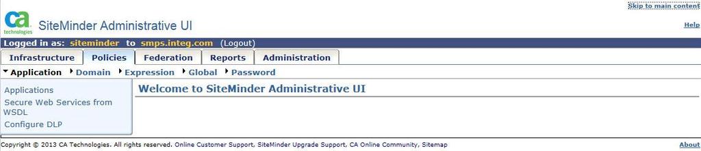 2. In the SiteMinder Administrative UI window, in the upper tab row, click