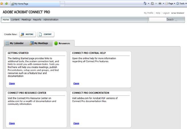 In the example, the Resources tab is open showing four different pods: Getting Started, Connect ProCentral Help, Connect Pro Resource Center, and Connect Pro Documentation My Meetings tab will show