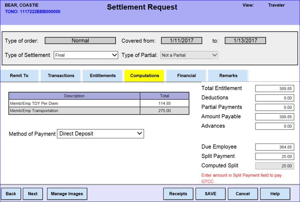 20 The Computations tab will display. The computations will identify a Computed Split payment based on the items checked for split payment in the Entitlements tab.