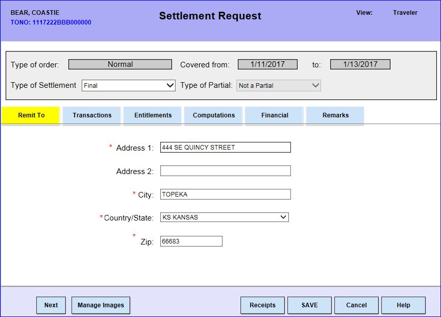4 The Remit To tab for the settlement will display. All data from the previously entered Authorization will auto populate in the Settlement.