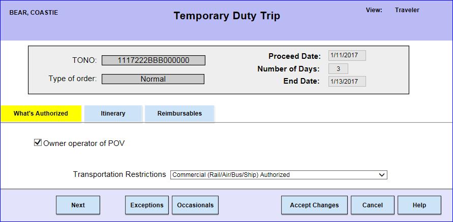 The Transportation Restrictions information (the authorized mode of travel) previously entered will display.