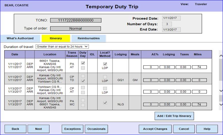 8 The Itinerary page will display listing all the information previously entered into TPAX.