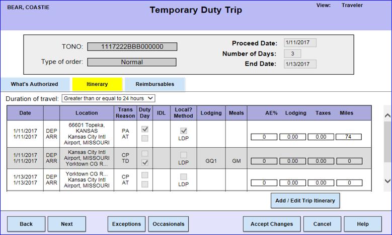 12 The Itinerary tab will display. Click the Next button.