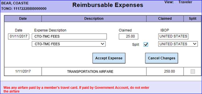 NOTE: If purchased Airfare via Government Travel Charge Card (GTCC), then member must claim the airfare.