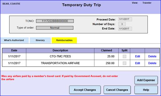 16 The Reimbursable Expense page will display. Repeat, if necessary, for other reimbursements.