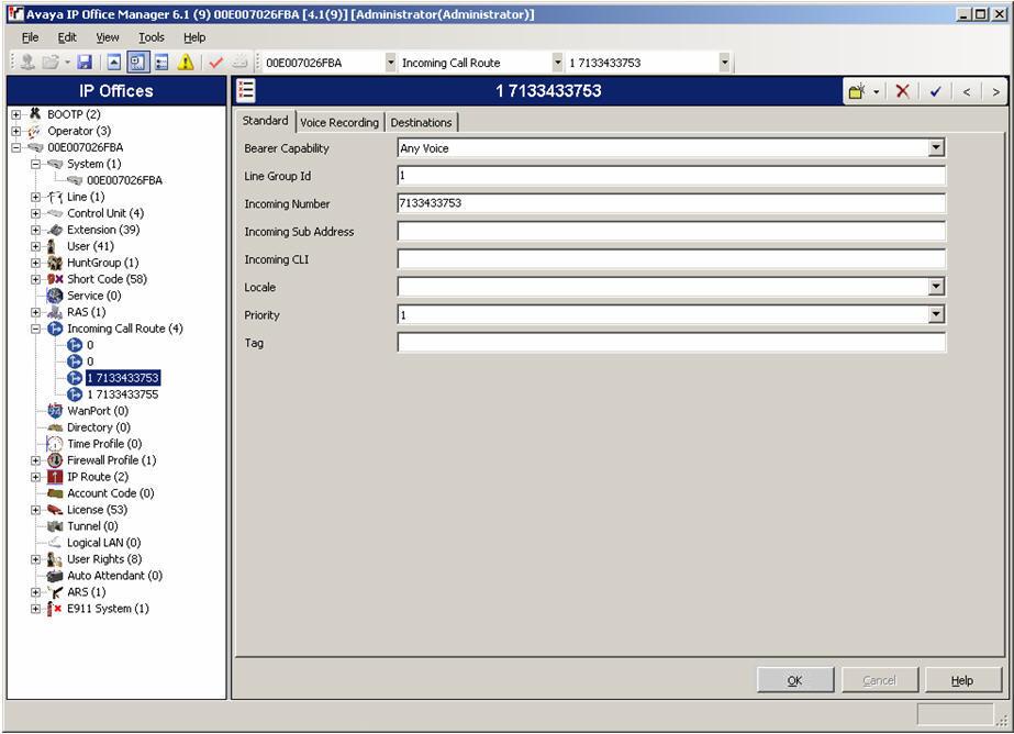 7. Create an Incoming Call Route for the Inbound SIP calls. Select Incoming Call Route in the left panel. Right-click and select New. Enter the following: Any Voice for the Bearer Capability field.