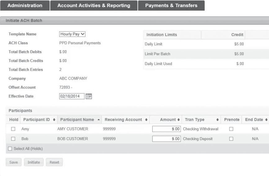 ACH SUBMIT AN ACH BATCH FILE FOR PROCESSING Under the Payments & Transfers tab, select Initiate Batch.