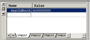 Right click on the variable name daysinmonth on line 38 and select Watch from the context menu. A new entry appears in the Watch pane showing daysinmonth.