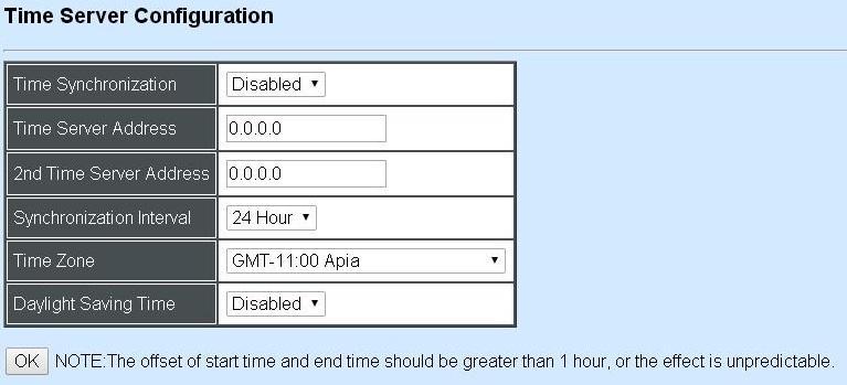 Time Synchronization: Enable or disable time synchronization. Time Server Address: Specify the primary NTP time server address.