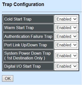 Cold Start Trap: Select Disabled or Enabled for the SNMP trap. Warm Start Trap: Select Disabled or Enabled for the SNMP trap. Authentication Failure Trap: Select Disabled or Enabled for the SNMP trap.