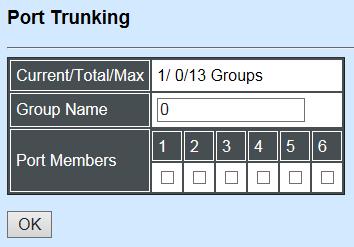 2 Port Trunking Click the option Port Trunking from the Link Aggregation menu and then the following screen page appears. The Managed Switch allows users to create 16 trunking groups.