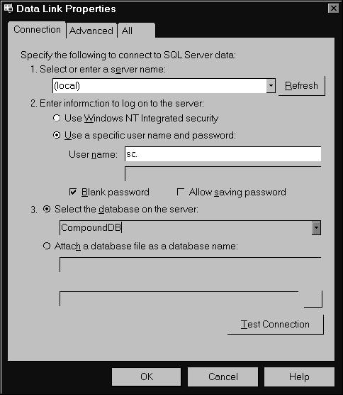 Configuring Analyst 10. Click Finish. The Data Link Properties dialog box appears. 11. In the Connection tab, select the name of your SQL Server machine from the list. You may also choose (local). 12.