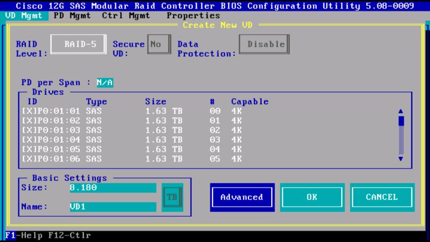 For RAID Level Choose RAID-5 b. Choose the first 6 disks c.