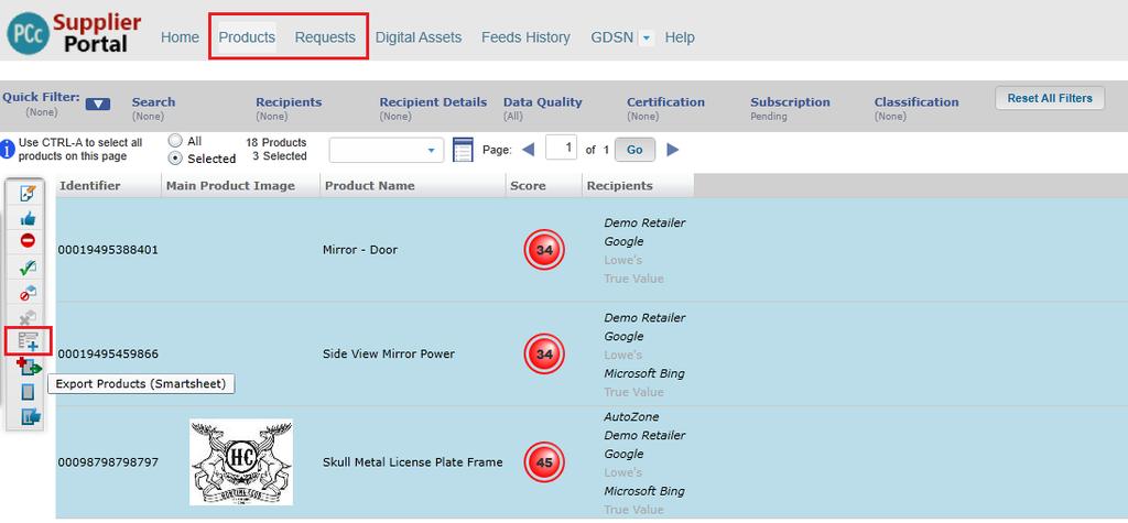 1. For existing product data sets, select the desired products from the Products or Requests tabs and click on the export icon in the left navigation bar. 2.